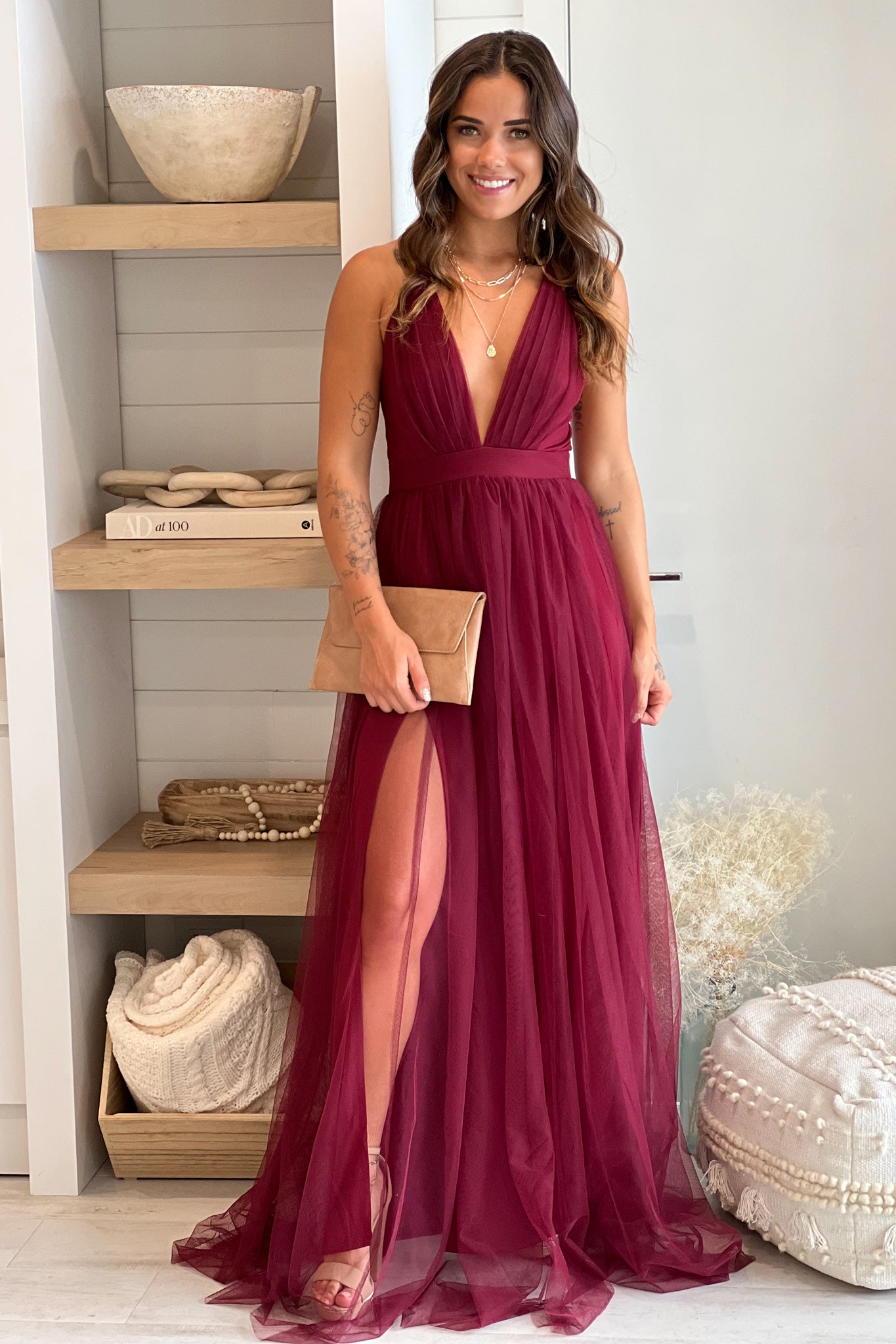 Wine Tulle Maxi Dress with Criss Cross ...